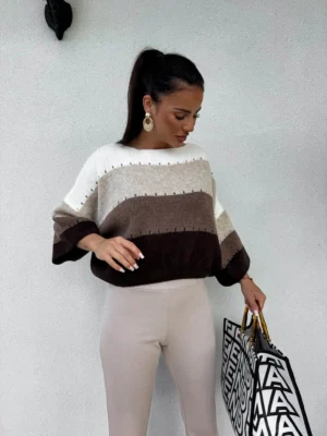 Sweter BYME w pasy – beż/czekolada