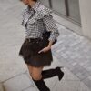 koszula XANA w kratę z falbaną damska koszula w kratę z ozdobną falbaną koszula XANA z falbaną na ramionach luźna koszula damska w kratę koszula w kratkę z kołnierzykiem i guzikami efektowna koszula damska z falbaną koszula XANA do jeansów i spodni koszula damska w kratę rozmiar uniwersalny