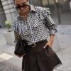 koszula XANA w kratę z falbaną damska koszula w kratę z ozdobną falbaną koszula XANA z falbaną na ramionach luźna koszula damska w kratę koszula w kratkę z kołnierzykiem i guzikami efektowna koszula damska z falbaną koszula XANA do jeansów i spodni koszula damska w kratę rozmiar uniwersalny