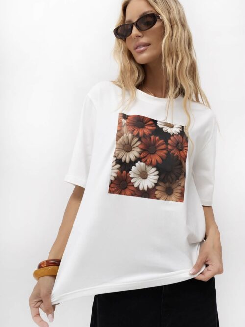T-shirt BOCCA Gerberki z kwiatową aplikacją T-shirt damski BOCCA z gerberkami luźny T-shirt BOCCA rozmiar uniwersalny T-shirt damski z nadrukiem kwiatowym T-shirt BOCCA polska produkcja biały T-shirt BOCCA Gerberki czekoladowy T-shirt BOCCA Gerberki cynamonowy T-shirt BOCCA z gerberkami