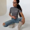 Top LAMANUEL COZY czarny prążkowany z krótkim rękawem