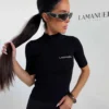 Top LAMANUEL COZY czarny prążkowany z krótkim rękawem