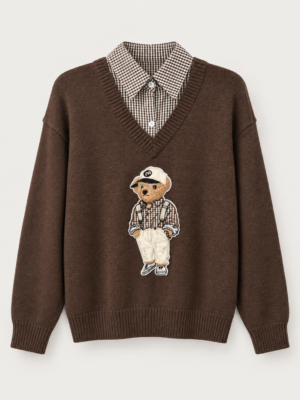 Bluza damska z misiem i kołnierzykiem Czekoladowa bluza sweterkowa z aplikacją misia Bluza z koszulowym kołnierzykiem w kratkę Bluza damska Miś rozmiar uniwersalny Bluza sweterkowa damska w kolorze czekoladowym Bluza z misiem do 120 cm w biuście