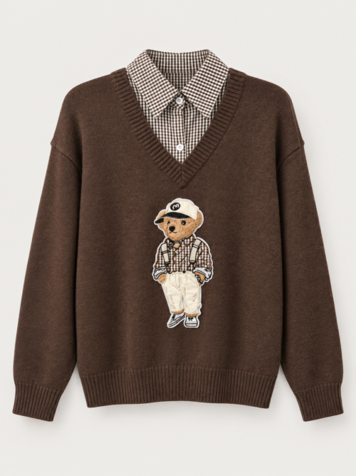 Bluza damska z misiem i kołnierzykiem Czekoladowa bluza sweterkowa z aplikacją misia Bluza z koszulowym kołnierzykiem w kratkę Bluza damska Miś rozmiar uniwersalny Bluza sweterkowa damska w kolorze czekoladowym Bluza z misiem do 120 cm w biuście