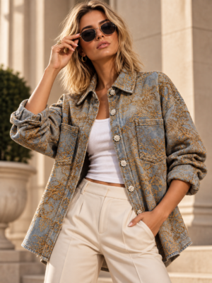 koszula jeansowa damska z florystycznymi zdobieniami koszula jeansowa z haftem i połyskującymi detalami damska koszula denim z ozdobnymi guzikami koszula jeansowa z dekoracyjnym wzorem kwiatowym jeansowa koszula damska z kieszeniami zdobiona koszula jeansowa damska detal koszula denim z biżuteryjnymi zdobieniami ozdobna koszula jeansowa Butik Madzia Fashion