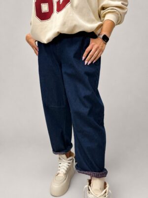 spodnie BURRO denim z podszyciem duo spodnie jeansowe BURRO z kratką spodnie denim z wywijaną nogawką spodnie BURRO wysoki stan luźne spodnie jeansowe damskie spodnie denim z podszyciem w kratkę spodnie BURRO Butik Madzia Fashion damskie spodnie jeansowe z wysokim stanem