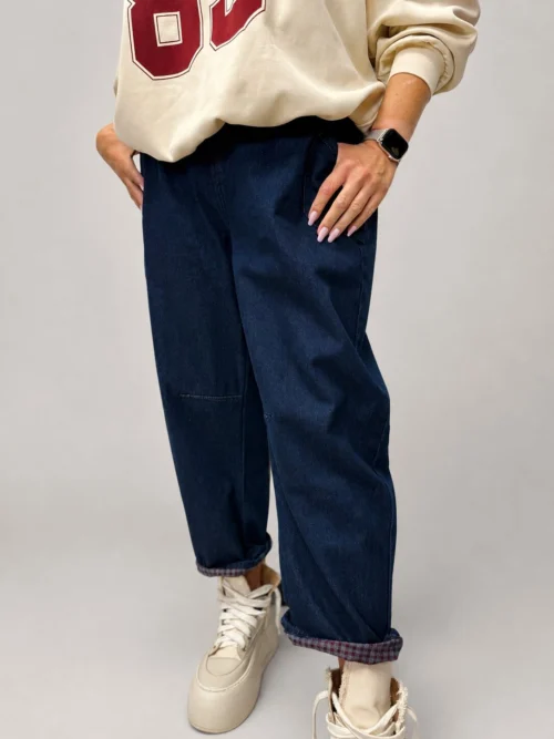 276C02AD-45D0-4168-8032-FD90CEBADA6E spodnie BURRO denim z podszyciem duo spodnie jeansowe BURRO z kratką spodnie denim z wywijaną nogawką spodnie BURRO wysoki stan luźne spodnie jeansowe damskie spodnie denim z podszyciem w kratkę spodnie BURRO Butik Madzia Fashion damskie spodnie jeansowe z wysokim stanem