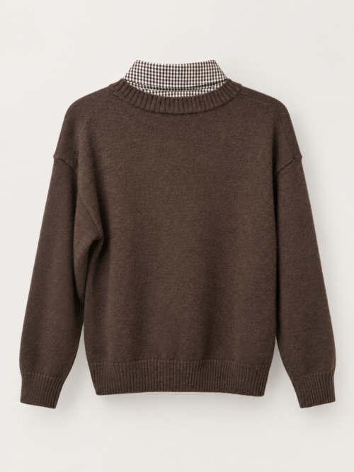 Bluza damska z misiem i kołnierzykiem Czekoladowa bluza sweterkowa z aplikacją misia Bluza z koszulowym kołnierzykiem w kratkę Bluza damska Miś rozmiar uniwersalny Bluza sweterkowa damska w kolorze czekoladowym Bluza z misiem do 120 cm w biuście