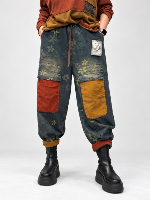 - Spodnie patchwork jeans i sztruks damskie - Spodnie damskie z kontrastowymi kieszeniami - Luźne spodnie patchwork damskie - Spodnie jeansowe ze sztruksowymi elementami - Spodnie z kwiatowym wzorem Butik Madzia Fashion