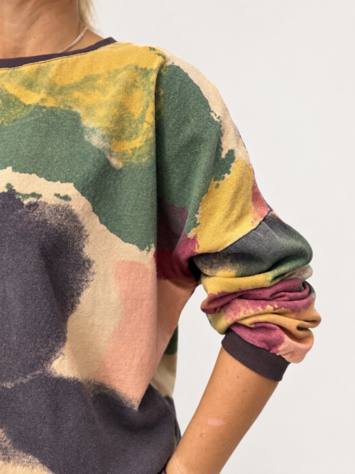 Bluza bawełniana damska z kolorowym wzorem Kolorowa bluza damska z czekoladową lamówką Bluza bawełniana oversize w artystyczny wzór Bluza damska z bawełny pętelkowej Modowa bluza damska w jesiennych kolorach Bluza Art Color Butik Madzia Fashion
