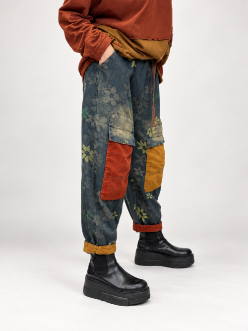 - Spodnie patchwork jeans i sztruks damskie - Spodnie damskie z kontrastowymi kieszeniami - Luźne spodnie patchwork damskie - Spodnie jeansowe ze sztruksowymi elementami - Spodnie z kwiatowym wzorem Butik Madzia Fashion
