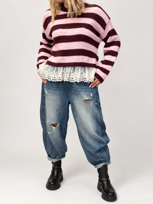 Sweterek damski w paski z koronką Sweter z koronkowym wykończeniem damski Sweterek w paski rozmiar uniwersalny Damski sweter z koronką i wycięciami Sweterek z koronką Butik Madzia Fashion